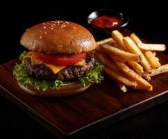 Delicious cheeseburger with fries served on a wooden platter photo