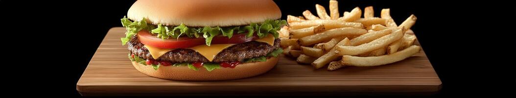 Delicious cheeseburger and crispy fries served on a wooden platter photo