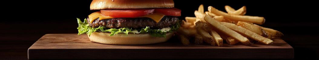Juicy cheeseburger with fresh ingredients and crispy fries on a wooden board photo
