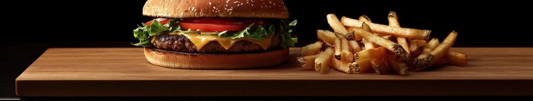 Delicious cheeseburger with fresh toppings served with crispy fries photo