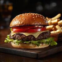 Delicious cheeseburger with fresh toppings and crispy fries on a wooden platter photo