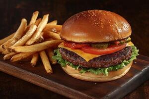 Delicious cheeseburger with fries on a wooden platter at a casual diner photo