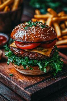Juicy cheeseburger with fresh toppings and fries on a rustic wooden table photo