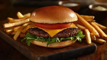 Delicious cheeseburger served with crispy fries on a wooden platter photo