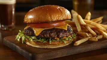 Juicy hamburger with cheddar cheese served with golden fries on wooden platter photo