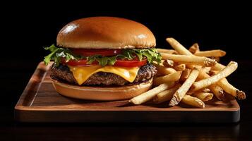 Juicy cheeseburger served with crispy fries on a wooden platter photo