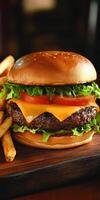 Delicious cheeseburger with fresh toppings and crispy fries served on plate photo
