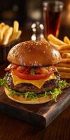 Juicy cheeseburger with fresh toppings and golden fries on wooden table photo
