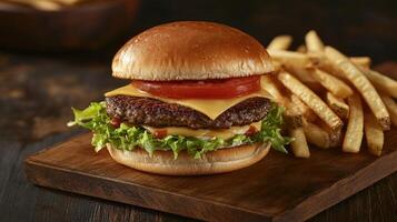 Delicious burger with cheese, lettuce, and tomato served with fries photo