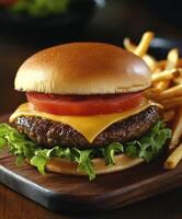 Tasty cheeseburger with fresh toppings and golden fries on wood board photo