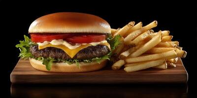 Juicy cheeseburger with fresh toppings and crispy fries on a wooden platter photo