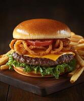 Mouthwatering burger with fresh toppings and crispy fries served hot photo
