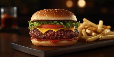 Juicy burger with cheddar and fresh toppings served with fries photo