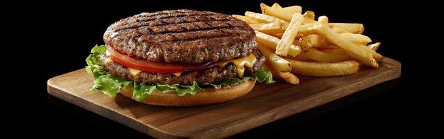 Juicy grilled hamburger with crispy fries served on a wooden platter photo