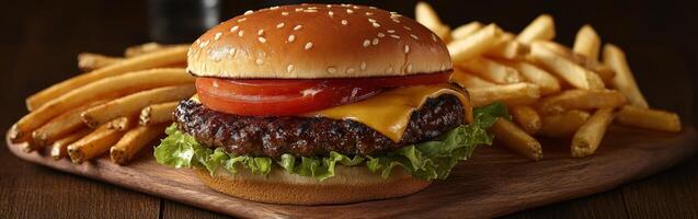 Juicy cheeseburger with fresh toppings and crispy fries on wood photo