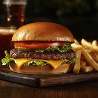 Juicy burger with cheese and fresh toppings served with golden fries photo