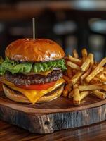 Juicy double cheeseburger with crispy fries served on a wooden platter photo