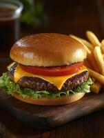 Juicy burger with melted cheese and crispy fries on a wooden platter photo