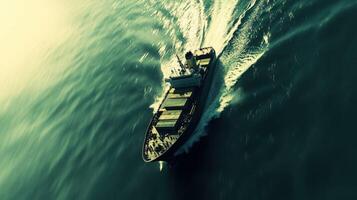 Cargo ship navigating through ocean waves on a sunny day photo