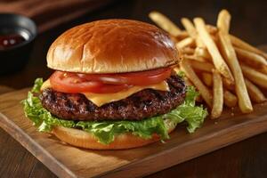 Enjoying a delicious cheeseburger with fries at a casual dining restaurant photo