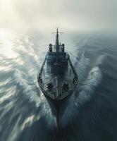 Ship navigating through foggy waters at dawn photo