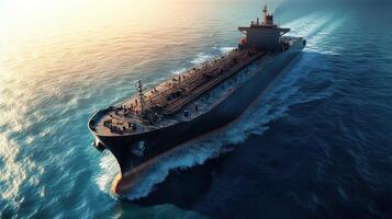 Large tanker ship navigating through calm sea at sunrise photo