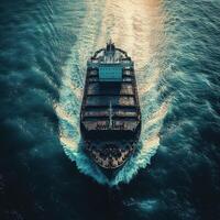 Large cargo ship navigating through ocean waters during sunset photo