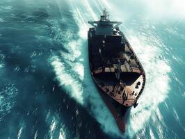 Cargo ship navigating through ocean waves under bright sunlight photo