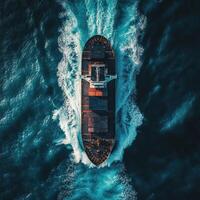 Cargo ship navigating through ocean waters with waves and foam photo