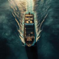 Cargo ship navigating through deep blue waters at sunset photo