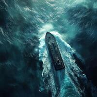 Ship navigating through turquoise ocean waters with powerful wake photo