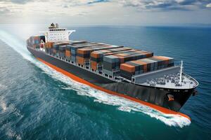 Large cargo ship navigating through calm waters near the horizon photo