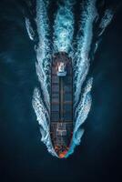 Cargo ship navigating through ocean waters as it leaves port at sunset photo
