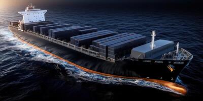 Large cargo ship navigating open waters at sunset with container stacks photo