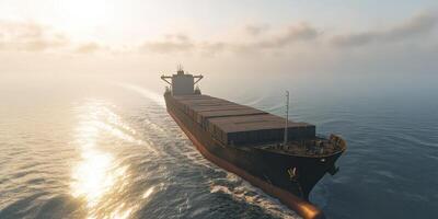 Cargo ship navigating through tranquil waters at sunset photo