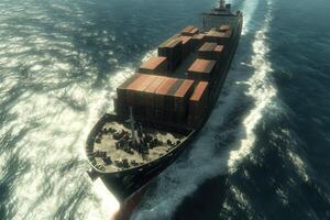 Container ship navigating through deep blue ocean waters at daylight photo