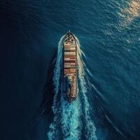 Container ship navigating through deep blue waters during the day photo