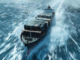 Container ship navigating through turbulent ocean waters under clear sky photo