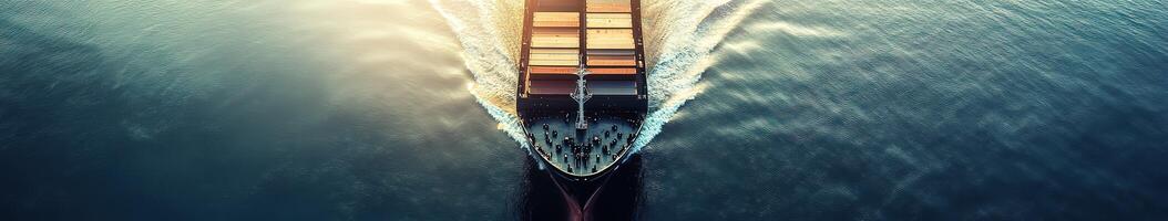 Cargo ship navigating through calm waters during sunset near coastline photo