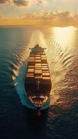 Sunset view of a cargo ship navigating through calm waters photo