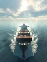 Large cargo ship navigating calm waters under a hazy sky at dawn photo