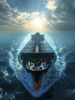 Massive cargo ship navigates tranquil waters under a cloudy sky photo