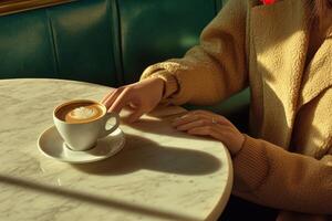Warm coffee on a marble table with a cozy atmosphere in the afternoon photo