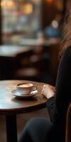 Warm coffee on a wooden table in a cozy cafe during afternoon relaxation photo