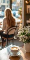 Relaxing coffee moment with flowers and sunlight in a cozy cafe photo