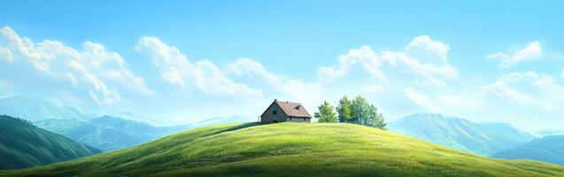 Serene landscape featuring a quaint house on a lush green hill photo