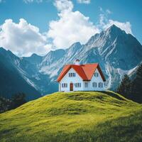 Charming white house with red roof in mountain landscape during day photo