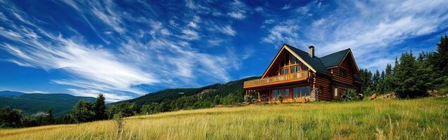 Beautiful log cabin surrounded by nature under a clear blue sky photo