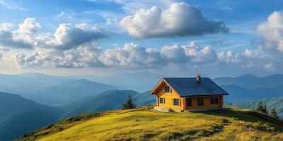 Cozy wooden cabin on a hillside under a dramatic sky at sunset photo