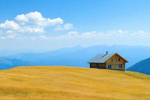 Serene wooden house on a golden field under a clear blue sky photo